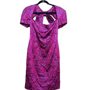 Victor Costa 80s Women's 6-8 Jacquard Fuchsia & Purple Short Sleeve Dress With B